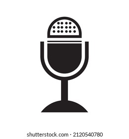 podcast icon. The studio desk microphone is black with the sound broadcast wave symbol. Webcast audio recording concept logo.