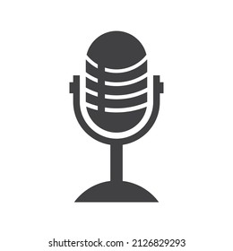 Podcast Icon. The Studio Desk Microphone Is Black With The Sound Broadcast Wave Symbol. Webcast Audio Recording Concept Logo.