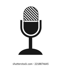 Podcast Icon. The Studio Desk Microphone Is Black With The Sound Broadcast Wave Symbol. Webcast Audio Recording Concept Logo