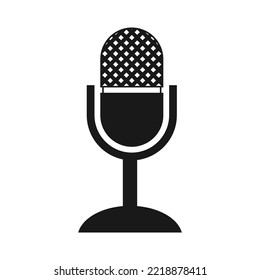 Podcast Icon. The Studio Desk Microphone Is Black With The Sound Broadcast Wave Symbol. Webcast Audio Recording Concept Logo.