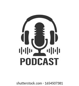 Podcast Icon. Studio Table Microphone And Headphone Vector Image 