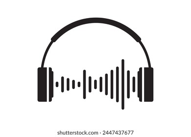 Icono de podcast. Logo de Talk Show. Auriculares y ondas de audio. Auriculares inalámbricos. Señal de estación de radio. Etiqueta monocromática sobre fondo blanco. Plantilla de elementos de diseño. Ilustración vectorial plana