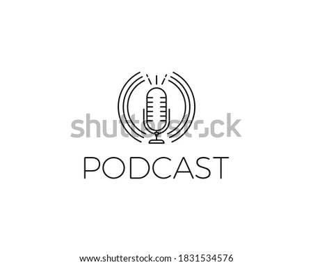 Podcast Icon. Vector illustration with microphone for concepts of music, conversations, online live shows, music and concerts. Thin line minimal graphic style