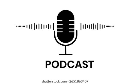 Ícone do podcast, vetor. Ilustração vetorial do microfone. Silhueta do logotipo do podcast, símbolo do equalizador da onda do som, voz, logo da gravação. 