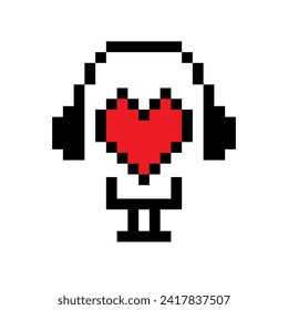 Podcast icon vector. Pixelated heart shaped microphone with headphones. Radio, podcast logo. Recording voice. Retro game design. Eighties computer 8 bit game style. Information sharing, interview.