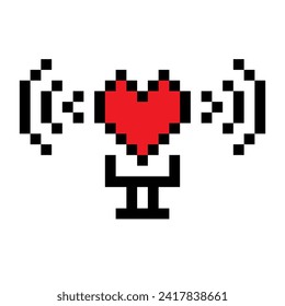 Podcast icon vector. Pixelated heart shaped microphone with music waves. Radio, podcast logo. Recording voice. Retro game design. Eighties computer 8 bit game style. Information sharing, interview.