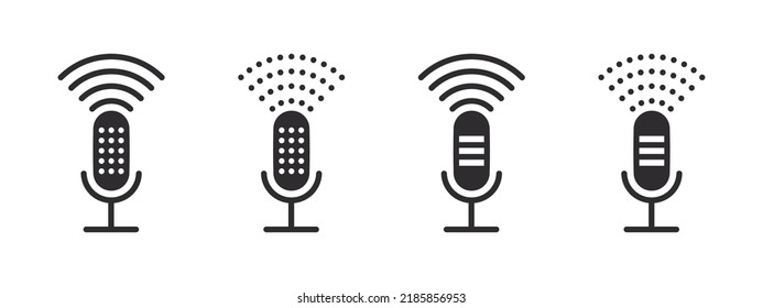 Podcast icons. Audio record icons. Podcast radio signs. Microphone icons. Vector illustration