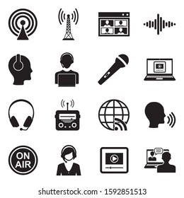 Podcast Icons. Black Flat Design. Vector Illustration.