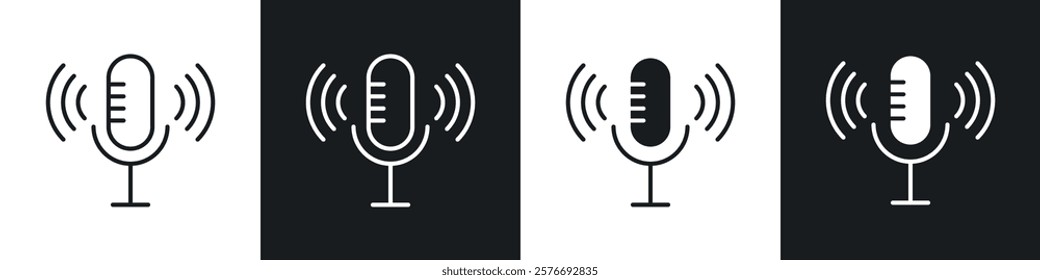 Podcast icons collection in black and white solid and line style