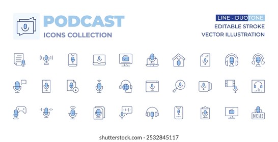 Podcast icons collection. Line Duotone style, editable stroke. computer, record, smartphone, transcription, download, script, voice control, podcast, search, studio, broadcasting.
