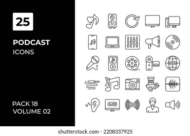 Sammlung von Podcast-Symbolen. Stellen Sie Vektorgrafik mit Elementen für mobile Konzepte und Web-Apps ein. Sammlung moderner Symbole.