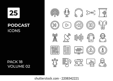Colección de iconos de podcast. Establecer la línea vectorial con elementos para conceptos móviles y aplicaciones web. Colección de iconos modernos.