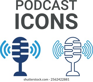 Podcast icons. Containing speak, phone, mail, contact, chat, website, satellite, radio, antenna, message and more. Solid icons collection, vector illustration.