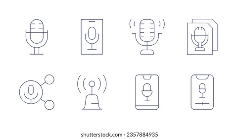 Podcast icons. editable stroke. Containing record, script, share, signal tower, smartphone.