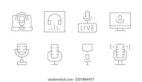 Podcast icons. editable stroke. Containing laptop, listen now, live, microphone, podcast.