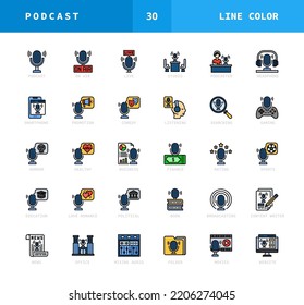 Podcast icons filled line style. Set of podcasts studio, education, finance, comedy, horror, and more. Can be used for web, app, presentations, UI, and more.