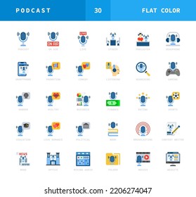 Podcast icons flat style. Set of podcasts studio, education, finance, comedy, horror, and more. Can be used for web, app, presentations, UI, and more.