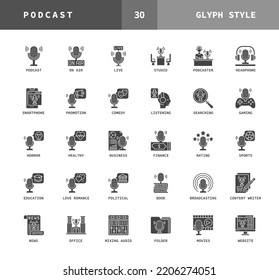 Podcast icons glyph style. Set of podcasts studio, education, finance, comedy, horror, and more. Can be used for web, app, presentations, UI, and more.