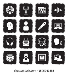 Podcast Icons. Grunge Black Flat Design. Vector Illustration.