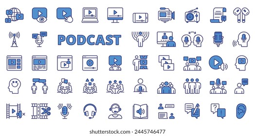 Podcast icons in line design, blue. Streaming, interviews, broadcasting, microphone, podcaster, broadcasts, talk, guests, podcasting isolated on white background vector. Podcast editable stroke icons