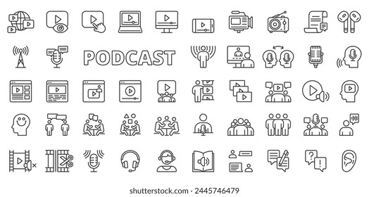 Iconos de podcast en diseño de línea. Streaming, entrevistas, difusión, micrófono, podcaster, emisiones, charla, invitados, podcasting aislado en Vector de fondo blanco. Iconos de trazo editables de podcast