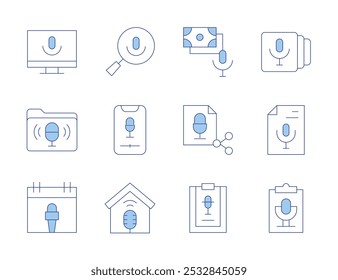 Podcast icons. Line Duotone style, editable stroke. smartphone, podcast, script, search, share, studio, transcription, calendar, folder.