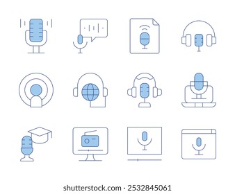 Podcast icons. Line Duotone style, editable stroke. computer, podcast, microphone, file.