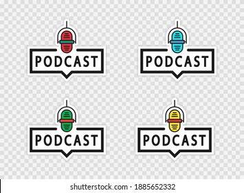 Podcast-Symbole in hellen Farben mit Schatten auf transparentem Hintergrund. Design für Logo, Abzeichen, Stempel und Podcast-Aufkleber. Benutzerschnittstelle. Vektorgrafik.