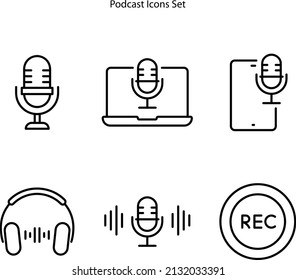 Podcast icons set. Broadcast. Microphone and equipment. Communication. Play podcast. Pixel Perfect Vector 