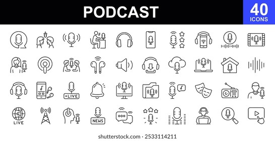 Ícones de podcast definidos. Contendo áudio, microfone, gravação, podcasting, radiodifusão, fones de ouvido, conferência de internet, bate-papo, gravação de um webinar, entrevista e muito mais. Ilustração vetorial