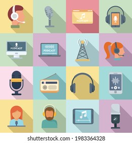 Podcast icons set. Flat set of podcast vector icons for web design