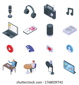 Podcast icons set. Isometric set of podcast vector icons for web design isolated on white background