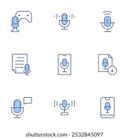 Podcast icons set. Line Duotone style, editable stroke. record, smartphone, transcription, download, podcast, broadcasting.