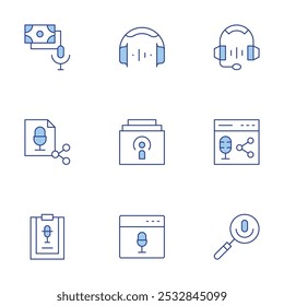 Podcast icons set. Line Duotone style, editable stroke. search, podcast, script, share, headphones, chapter, headphone, browser.