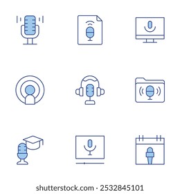 Podcast icons set. Line Duotone style, editable stroke. podcast, calendar, microphone, file, folder.