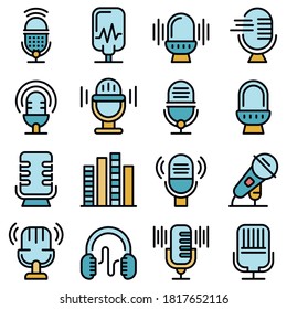 Juego de iconos de podcast. Conjunto de esquemas de iconos vectoriales de podcast color de línea delgada plano sobre blanco