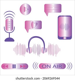 Podcast icons set pink color