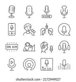 Podcast icons set. Podcasting, Radio format, live communication, Interview, linear icon collection. Line with editable stroke