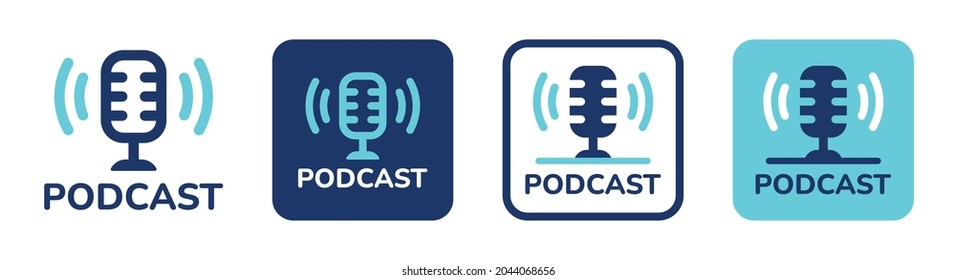 Juego de iconos de podcast. Micrófono de tabla de estudio con señal de símbolo de ondas de audio de transmisión de sonido