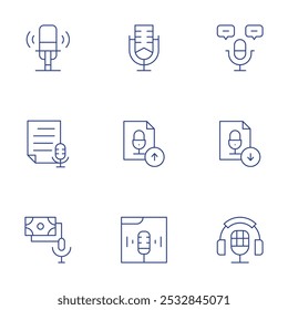 Conjunto de iconos de podcast. Estilo de línea delgada, trazo editable. transcripción, Cargar, Descarga, podcast, micrófono.