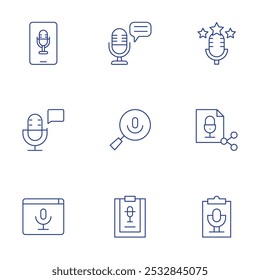 Conjunto de iconos de podcast. Estilo de línea delgada, trazo editable. podcast, calificación, script, búsqueda, compartir.