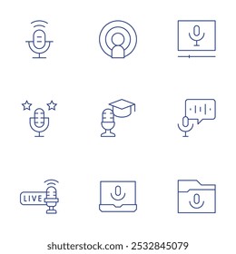 Conjunto de iconos de podcast. Estilo de línea delgada, trazo editable. podcast, en vivo.