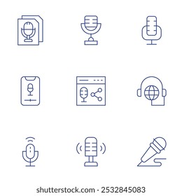 Podcast icons set. Thin Line style, editable stroke. microphone, script, smartphone, voice control, podcast.