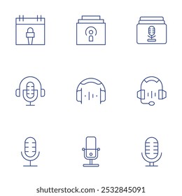 Podcast icons set. Thin Line style, editable stroke. chapter, headphones, microphone, calendar, headphone, mic.