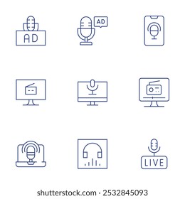 Podcast icons set. Thin Line style, editable stroke. ad, advertising, application, computer, laptop, listen now, live.