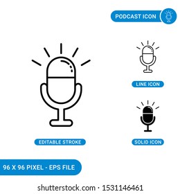 Podcast icons set vector illustration with solid icon line style. Radio microphone symbol concept. Editable stroke icon on isolated background for web design, infographic and UI mobile app.