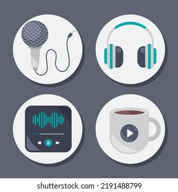 podcast icons set, vector style