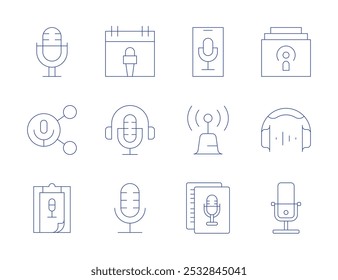 Podcast icons. Thin Line style, editable stroke. record, script, share, signal tower, calendar, chapter, headphone, mic, microphone.