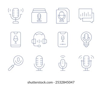 Podcast icons. Thin Line style, editable stroke. record, script, search, smartphone, voice control, chapter, chat, headphones, idea, microphone.