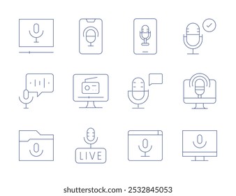 Podcast icons. Thin Line style, editable stroke. application, asmr, computer, live, podcast.